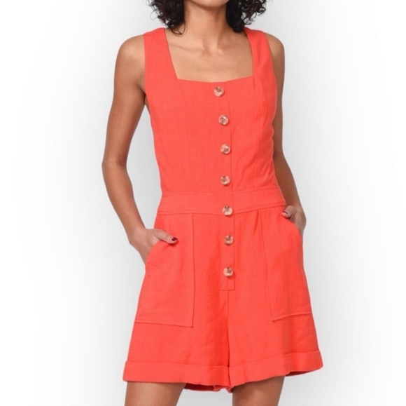 NWT Greylin Anthropologie Orange button down Nilli Square Neck Romper S - Picture 1 of 3